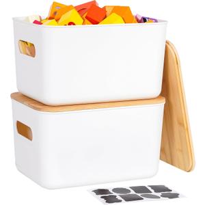 Citylife 2 PCS Storage Bins with Bamboo Lids Plastic Storage Containers for Organizing Stackable Storage Box with Handle, 10.23 x 7.08 x 6.3 inch (White)
