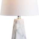 JONATHAN Y 20.5" White Marble Finish Modern Resin Table Lamp for Bedroom Living Room, Contemporary Faceted Bedside Lamp with White Linen Shade, LED Bulb Included JYL1037A