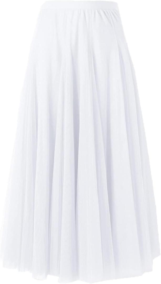 SANGTREE Women's Long Tulle Skirts Elastic High Waist A-Line Layered Tutu Mesh Flowy Skirt Ankle Length (Medium, White)