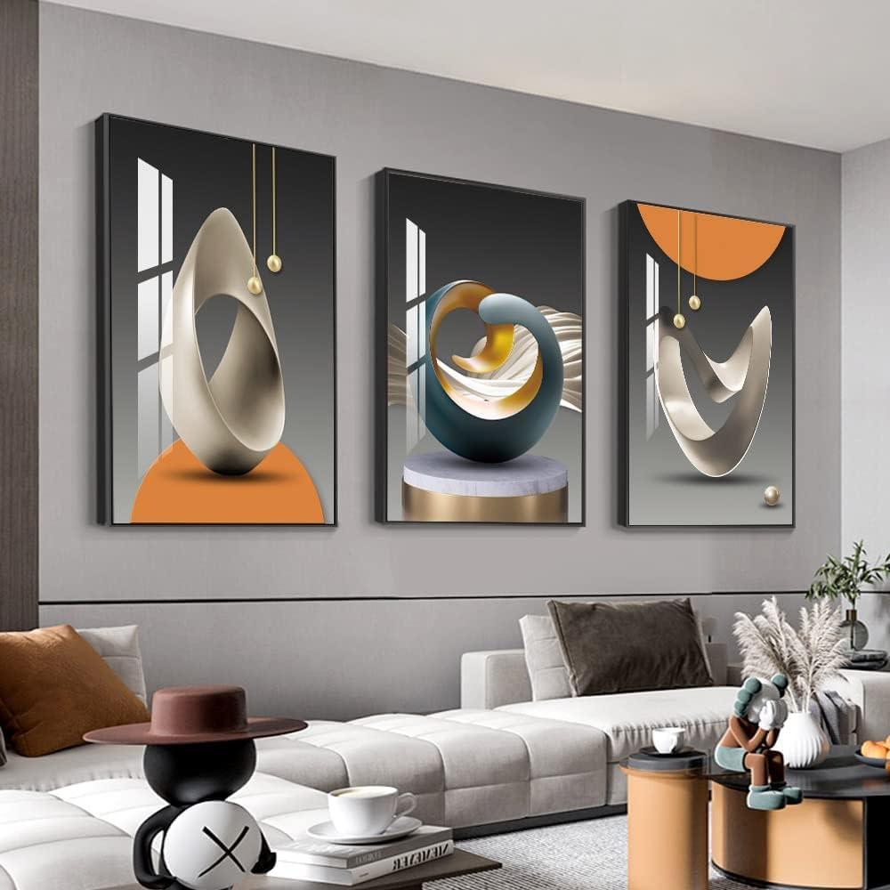 MPLONG Wall Art, Bright Style Framed Wall Art, Abstract Modern Art Shape Pattern White Blue Yellow Grey Wall Art Artfully Matching Living Room Bedroom Office Wall Decor - 20"x 28"x 3 Panels (Black)