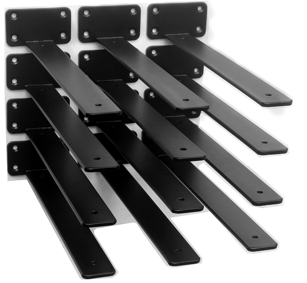 12 Pack  12 inch Black Hidden L Shelf Bracket (1/5 Inch Thicked) Iron Floating Shelf Brackets Rustic Industrial Metal Brackets for Shelf Support