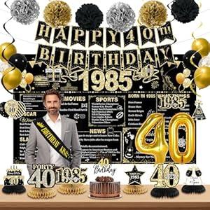 40th Birthday Decorations Men, Black Gold Back In 1985 Birthday Banner Decorations, Vintage 40th Birthday Table Decorations, Cake Topper, Balloons, Backdrop, Sash Party Supplies for Men