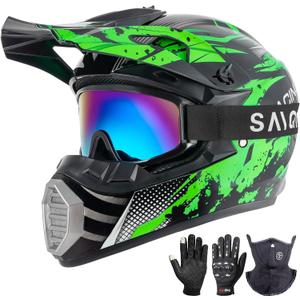 Youth Kids Motocross Helmet, ATV Dirt Bike Helmet, Off-Road BMX 4-Wheeler Full Face Motorcycle Helmet W/Goggles Gloves & Mask, DOT Approved (Bright Green, Medium)