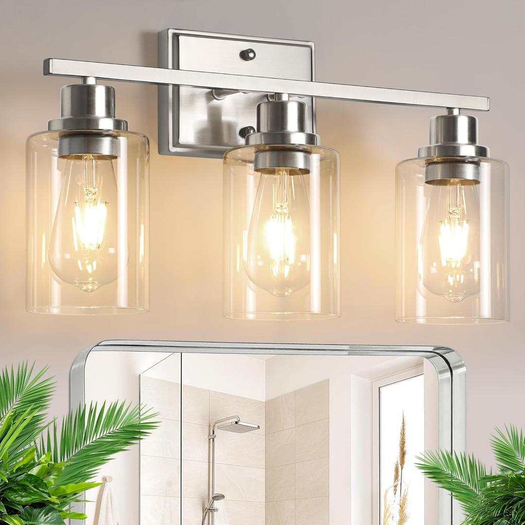 Unicozin 3 Light Bathroom Light Fixtures, Modern Vanity Lights Over Mirror, Brushed Nickel Wall Lamp with Clear Glass for Living Room Cabinet Bedroom Porch