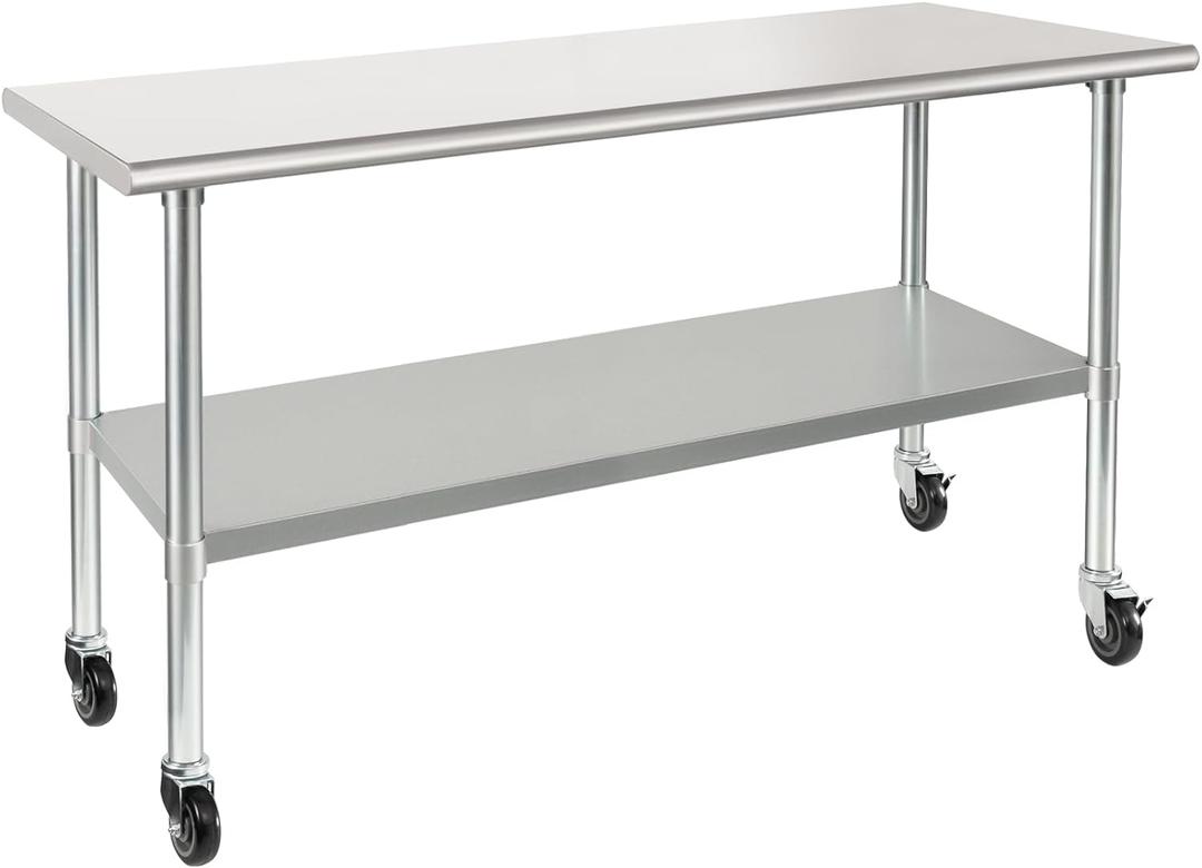 HARDURA Stainless Steel Table with Wheels 24 x 60 Inches Casters NSF Heavy Duty Commercial Work & Prep Table with Undershelf and Galvanized Legs for Restaurant Kitchen Bar and Hotel Garage