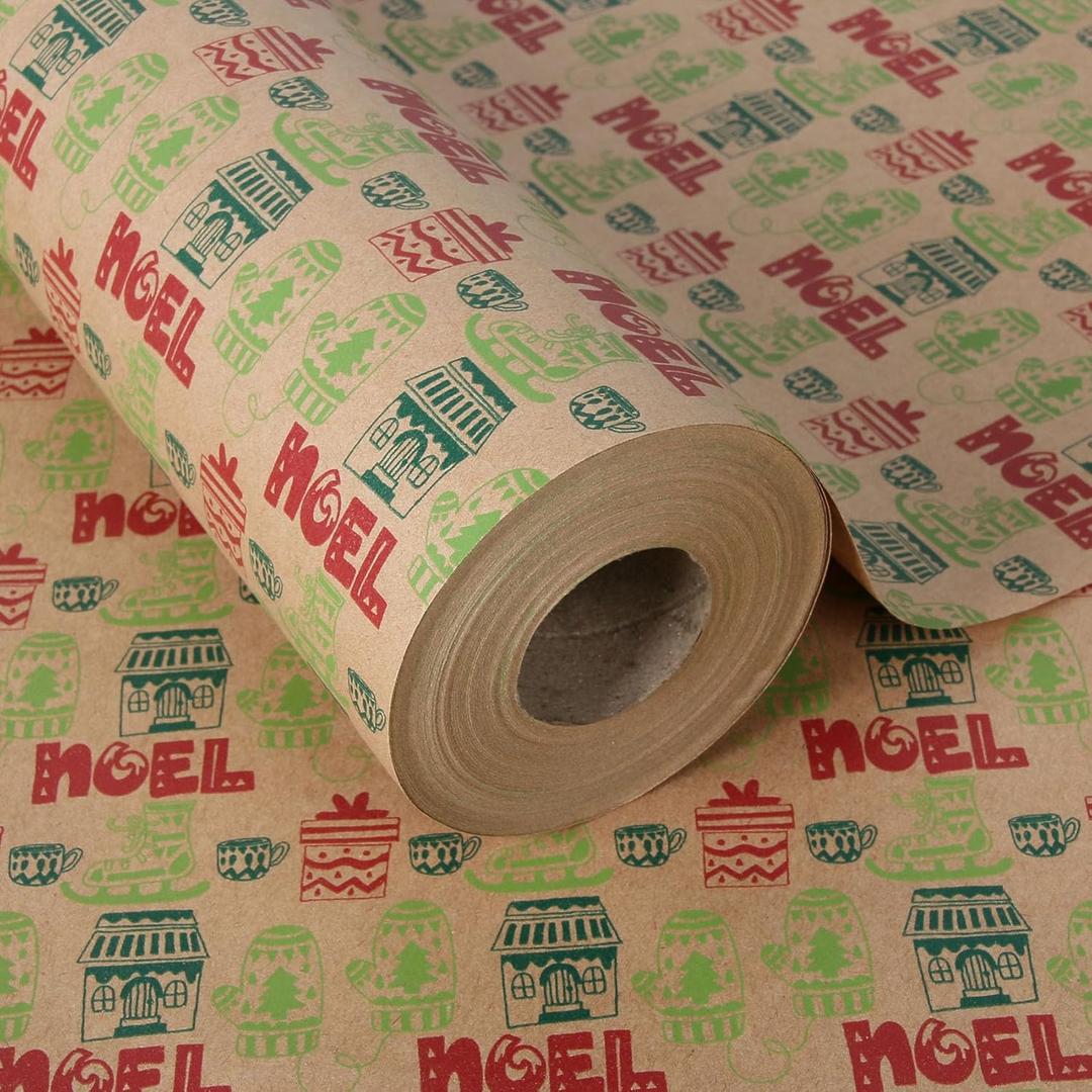 Aimyoo Kraft Christmas Wrapping Paper Jumbo Roll, Skating Shoes Christmas Gloves Design, Xmas Gift Wrap Paper 30 In x 100 Ft