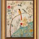 Gold Framed Vintage Floral Bird Canvas Wall Art Boho Plant Flower Sparrow Painting Decor Pictures Beige Medieval Nature Aesthetic Bedroom Living Posters Prints for Corridor Kitchen Room Decoration
