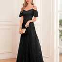 Womens Long Formal Evening Gowns Off Shoulder Sequin Tulle Dress Prom Gown Bridesmaid Wedding Guest Dresses (Black, M)