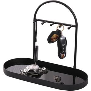 Shinpuru Metal Jewelry Organizer Stand & Key Holder Tray with Acrylic Base, Key Stand and Jewelry Tray with 5 Hooks, Perfect Bowl, Valet, Key Tray, Ring Holder, Jewelry Dish(Matt Black)
