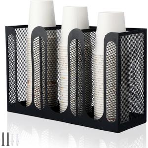 Maxcheck Metal Mesh Cup and Lid Holder Coffee Paper Cup Dispenser Lid Holder Storage Organizer Countertop or Wall Mount for Coffee Bar, Kitchen, Breakroom(3 Compartments,12.3 x 4.1 x 7.87 Inch) (black)