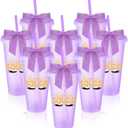8 Pcs Purple Sleepover Party Supplies Slumber Party Cup Birthday Squad Cup with Lid Straw and Twist Bow 24 oz Plastic Coffee Tumbler Travel Mug for Spa Pajama Birthday Favor Stuff
