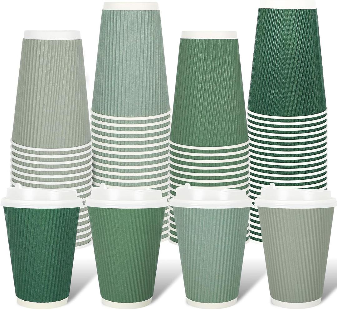 Whaline 100Pcs Sage Green Disposable Coffee Cups with Lids 12oz Gradient Green Paper Cups Corrugated Ripple Wall Insulated Hot Cups for Home Office Party Supplies