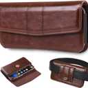 Phone Holster Compatible with iPhone 16/15/14/13/12 Pro Max and Plus, Galaxy S25/S24/S23/S22/S21/S20 Plus and FE, Leather Phone Pouch with Metal Belt Clip, L-Coffee