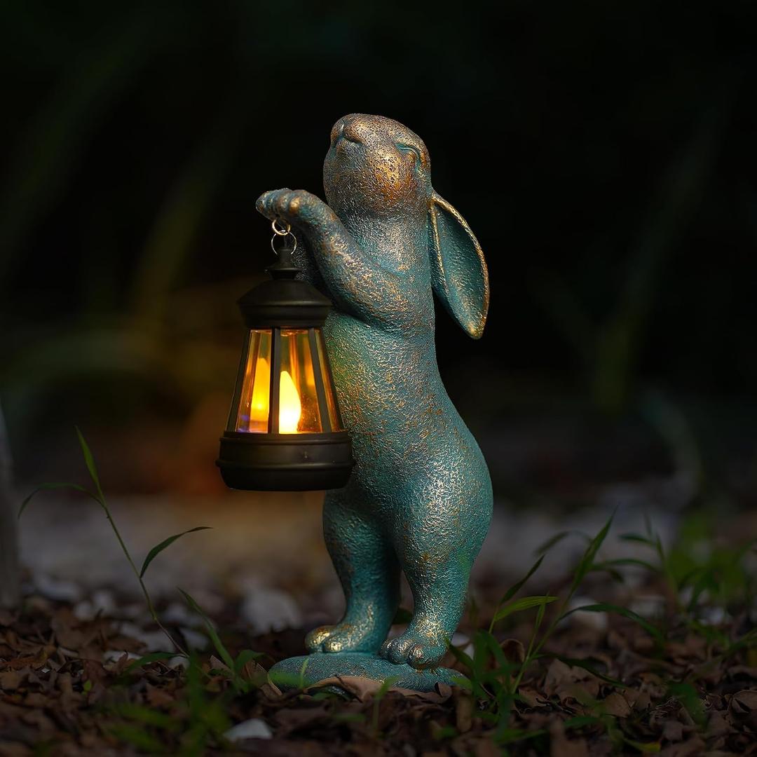 MININOVA Garden Statues Rabbit with Solar Lantern Resin Outdoor Bunny Figurines Decorations for Patio Yard Lawn Ornaments Gifts for Mother's Day Birthday Housewarming