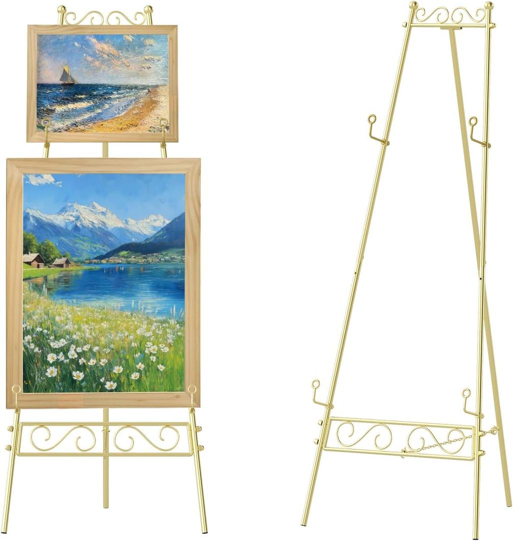 54''H Gold Easel Stand for Sign, Wedding Signs Large Adjustable Metal Display Stand Easels Scroll Poster Holder Vintage Floor with Chain Support for Art Paintings Pictures (54" H) 54''H Gold Easel Stand for Sign, Wedding Signs Large Adjustable Metal Display Stand Easels Scroll Poster Holder Vintage Floor with Chain Support for Art Paintings Pictures (54" H)