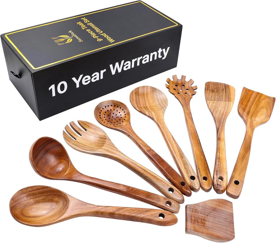 Wooden Kitchen Utensil Set, 9-Piece Teak Wood Kitchen Spoons for Cooking- Durable, Comfortable Grip, Non-Stick, Heat Resistant, Non-Scratch Kitchen Utensils-Perfect Cooking Gift