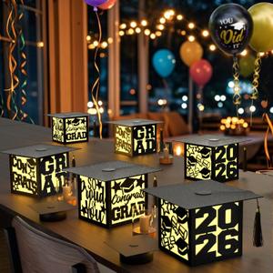 6 Pcs Graduation Table Centerpieces Boxes Class of 2026 Black Square Graduation Paper Lanterns with String Lights Hollow Out for Congrats Grad School College Table Decorations Grad Party Photo Props