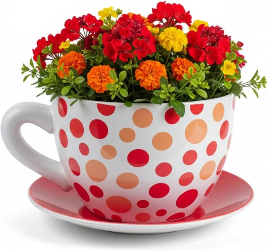 7.5" Round Ceramic Teacup Shape Planter Pot with Saucer for Succulents Orchids Herbs Cactus Indoor Houseplants Flowers, Gift for Mother's Day - Orange Polka Dot Planter