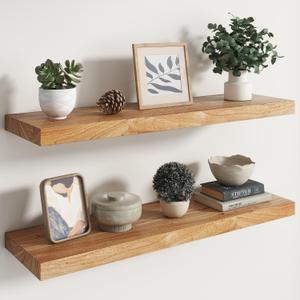 RICHFOCUS Elm Floating Shelves for Wall - 36" W x 9.3" D Rustic Solid Wood Shelves with Invisible Bracket, Wall-Mounted for Living Room, Bedroom, Kitchen Storage & Display, Set of 2, Natural, Flat Edge 36 inch, Set of 2