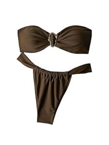 SHENHE Women's 2 Piece Strapless Swimsuit Metal Ring High Cut Thong Ruched Bandeau Bikini Set Coffee Brown Large