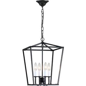 4-Light Chandelier, Farmhouse Black Chandelier for Kitchen Dining Room Light Fixture Lantern Pendant Ceiling Light, Rustic Chandelier with Metal Cage Hanging Lights for Living Room Bedroom Entryway (CL-025-black)