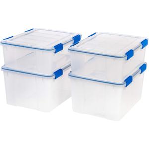 IRIS USA 26.5 & 44 Quart Combo WEATHERPRO Plastic Storage Box with Durable Lid and Seal and Secure Latching Buckles, Clear With Blue Buckles, Weathertight, 4 Pack
