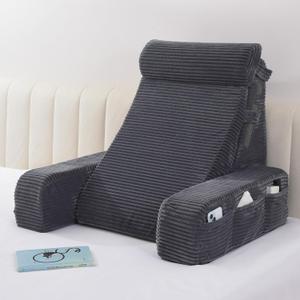 Vekkia Adjustable Reading Pillow & Back Pillow with Backrest  Zoned Multi-Density Foam for Targeted Support, XL Side Pockets  Bed Chair for Reading, Gaming, Relaxing & Post-Surgery Recovery