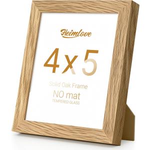 Heimlove 4x5 Picture Frame Solid Oak Wood,4"x5" Frames for Wall Hanging or Tabletop,Photo Frames 4 x 5 Natural with No Mat,Tempered Glass,Wall Kit,Natural Oak Color