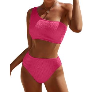 Bikini Sets for Women High Waisted 2 Piece Bestselling Swimsuit Ribbed One Shoulder Tummy Control Bathing Suit 2025 (Medium, Pink)