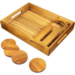 VinoTray - 17" Acacia Wood Serving Tray with Handles, Coasters & Removable Glass Holder - Large Decorative Wine & Food Rectangular Tray for Ottoman, Breakfast in Bed, Dinner, or Coffee Table