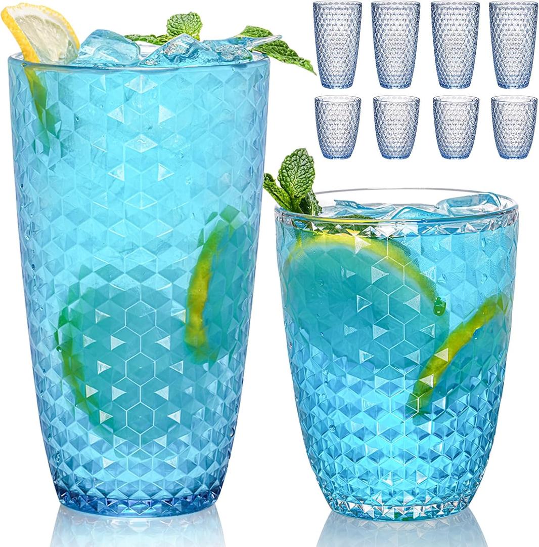 BELLAFORTE Shatterproof Plastic Tumbler Set Laguna Beach 19oz Tall & 12oz Short Drinking Glasses Unbreakable Stackable Drinkware for Indoor Outdoor, Dishwasher Safe, BPA Free (Blue, 12)