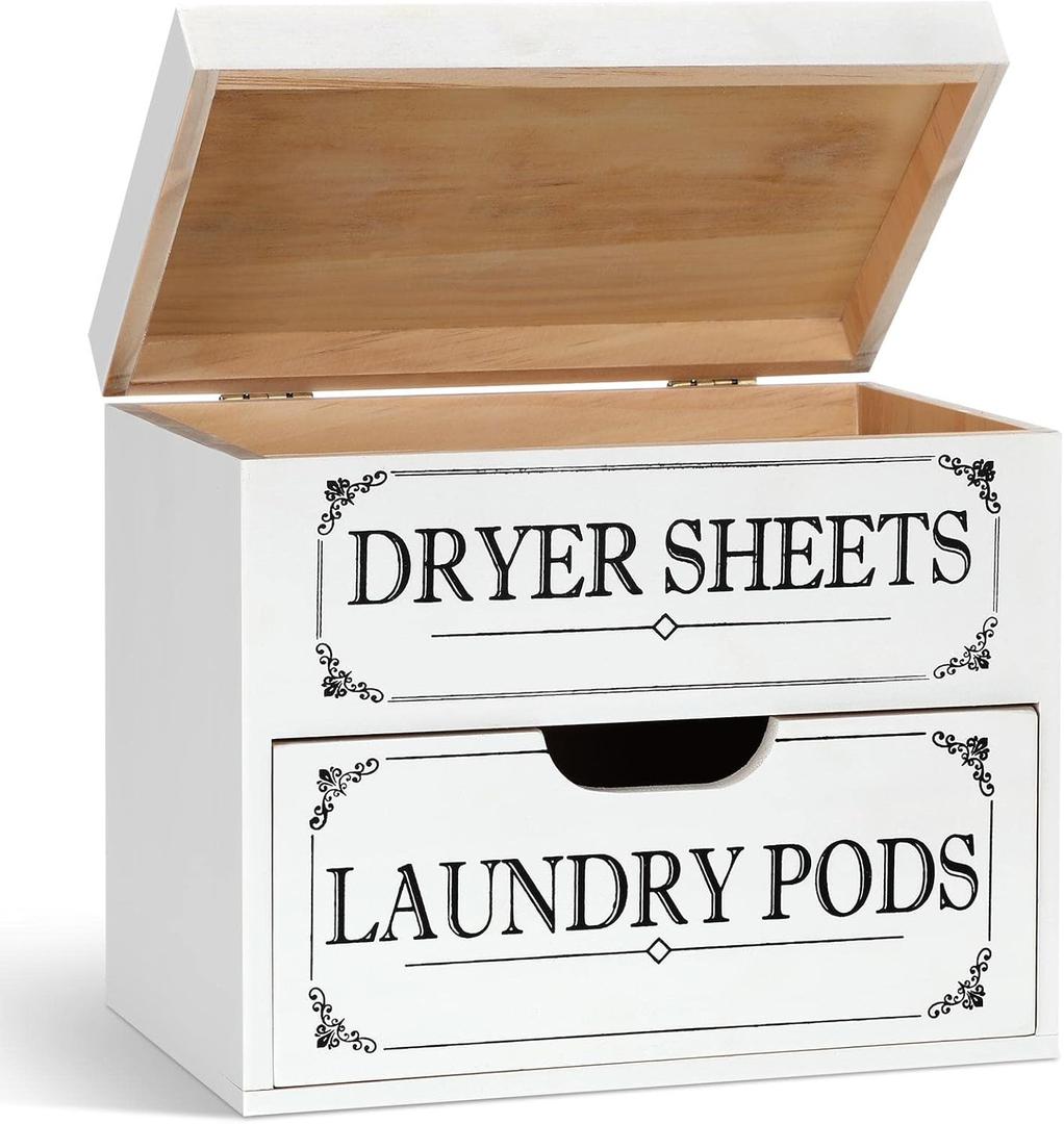 Tatuo Dryer Sheet Holder with Hinged Lid Farmhouse Dryer Sheet Dispenser Rustic Container Box Laundry Room Decor for Laundry Room Organization Fabric Pods, White