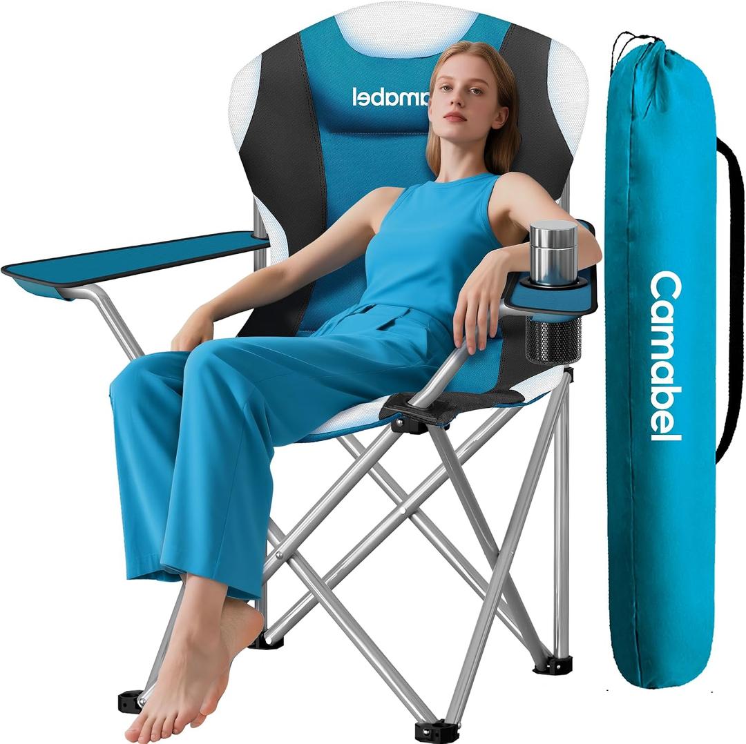 Camabel Folding Camping Chairs Oversized Heavy Duty Padded 400 LBS Beach Chair Portable Outdoor Lawn Chairs with Cup Holder Carry Bag for Sporting Hiking Picnics Fishing Deep Lake Blue