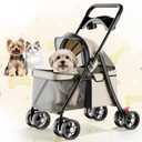 GTPLAYER Foldable Pet Stroller for Small Dogs and Cats, Holds Up to 33 lb, 4-Wheel Stroller with 2 Safety Tethers, Breathable Mesh, Lockable Front Wheels, Cup Holder/Tray & Storage Pocket, Beige