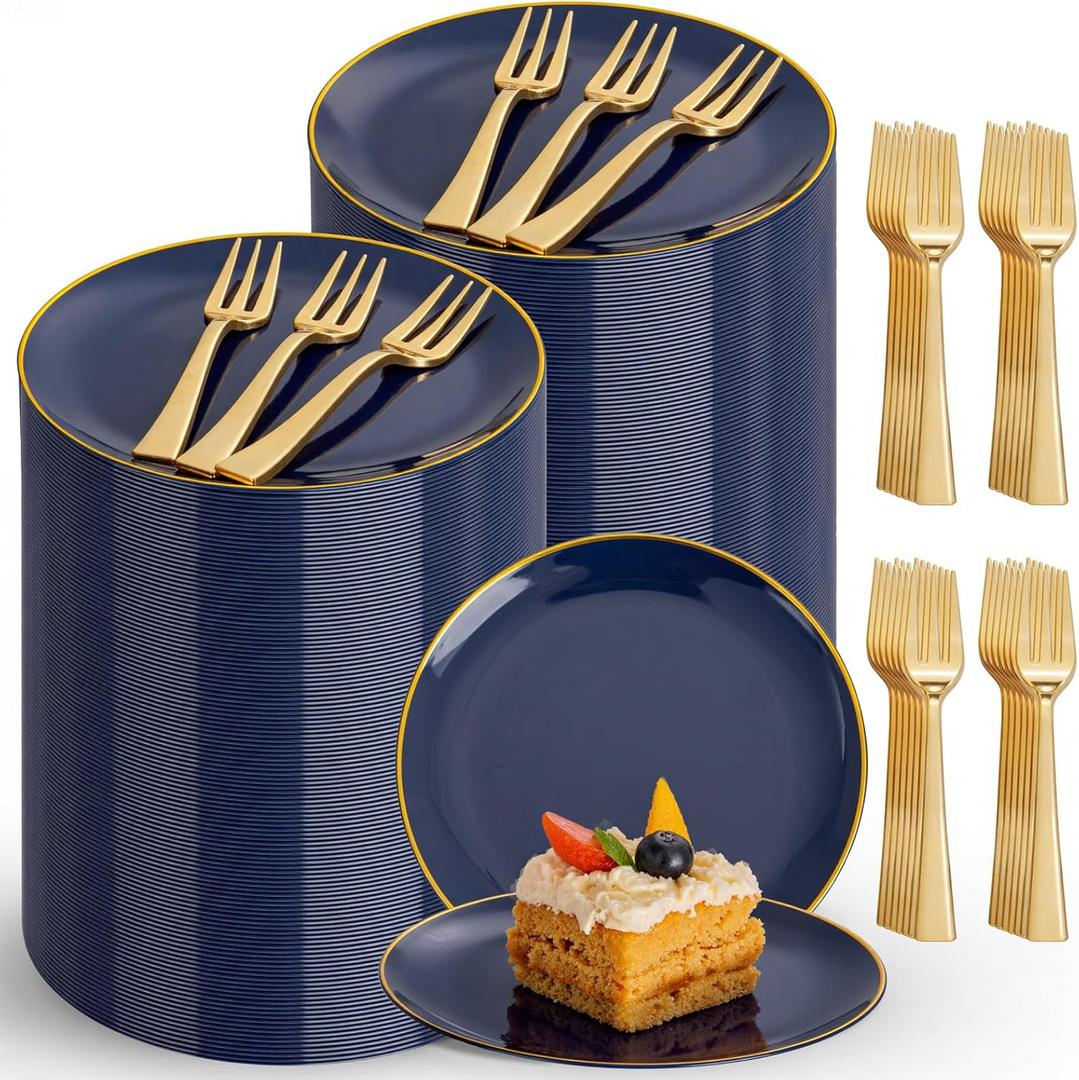 Festiva 400Pcs Navy Blue Gold Dessert Plates 6.3" with Forks 5"- 200PCS Small Disposable Dessert/Cake/Appetizer Plates and 200PCS Forks - Serve 200 Guests for Party&Birthday&Passover