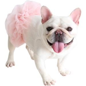 Pink Dog Tutu Dress for French Bulldog Summer Princess Tulle Dress for Pug Corgi Vest Gauze Skirt with Jacquard Mesh Puppy Clothes Girls for Birthday Party Wedding (L(Chest 22.44"-25.19"))
