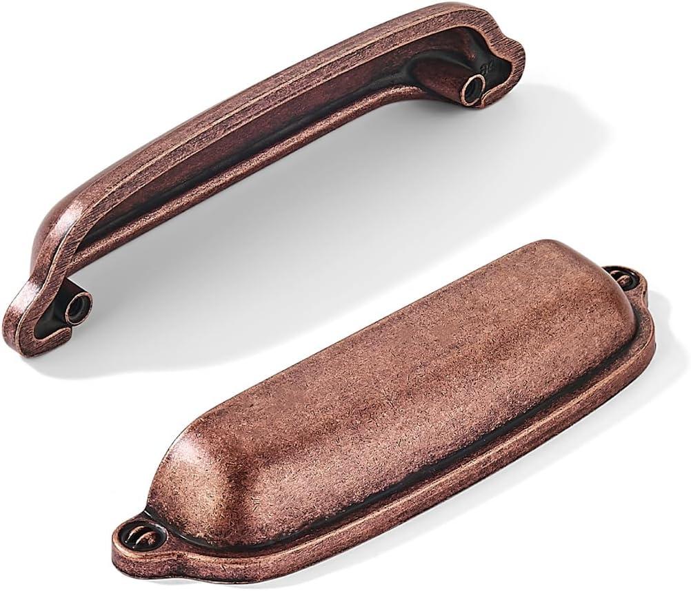 khtumeware 10 Pack Antique Copper Cup Pulls 3-1/2 Inch Center to Center - Cabinet & Drawer Handles for Kitchen Hardware