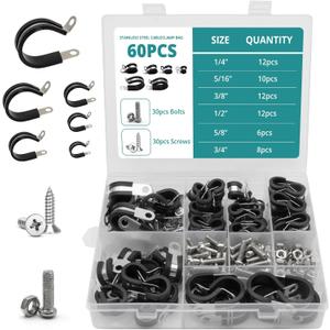120 PCS Cable Clamps Set, Rubber Insulated Hose Clamps, 6 Sizes-1/4", 5/16", 3/8", 1/2", 5/8", 3/4 ", Assorted Sizes for Versatile Applications (with Screws)