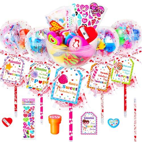 Valentines Day Card for Kids School, 24 Pack Giant Lollipop Stationery Set with Valentines Cards Pencils Stickers Erasers Ribbon Stampers Sharpener for Party Favors Classroom Gifts Prize Exchange