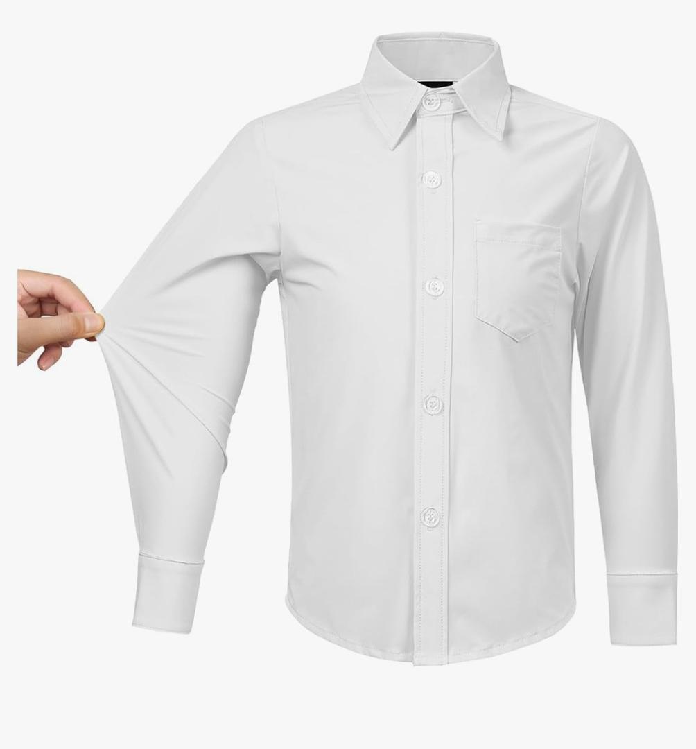 Boys' Stretch Long Sleeve Button Down Toddler Dress Shirt Wrinkle Free Oxford Uniform Shirt with Chest Pocket. 5T