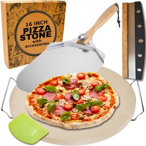 Round Pizza Stone for Oven 16 inch - Large Pizza Stone with Handles, Metal Pizza Peel, Pizza Cutter and Dough Tool - Baking Stone for Oven Bread - Thick Heavy Duty Cordierite Baking Stones Round Pizza Stone for Oven 16 inch - Large Pizza Stone with Handles, Metal Pizza Peel, Pizza Cutter and Dough Tool - Baking Stone for Oven Bread - Thick Heavy Duty Cordierite Baking Stones