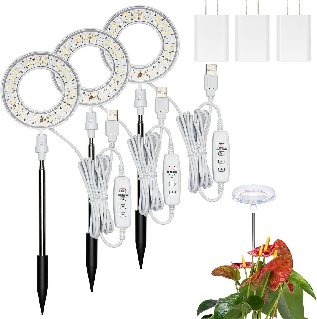 Plant Lights for Indoor Growing, Full Spectrum Grow Light with 48 LEDs, 5 Dimmable Levels Super Bright Halo Grow Lights, with Automatic Timer, Height Adjustable 7"-17", Pack of 3
