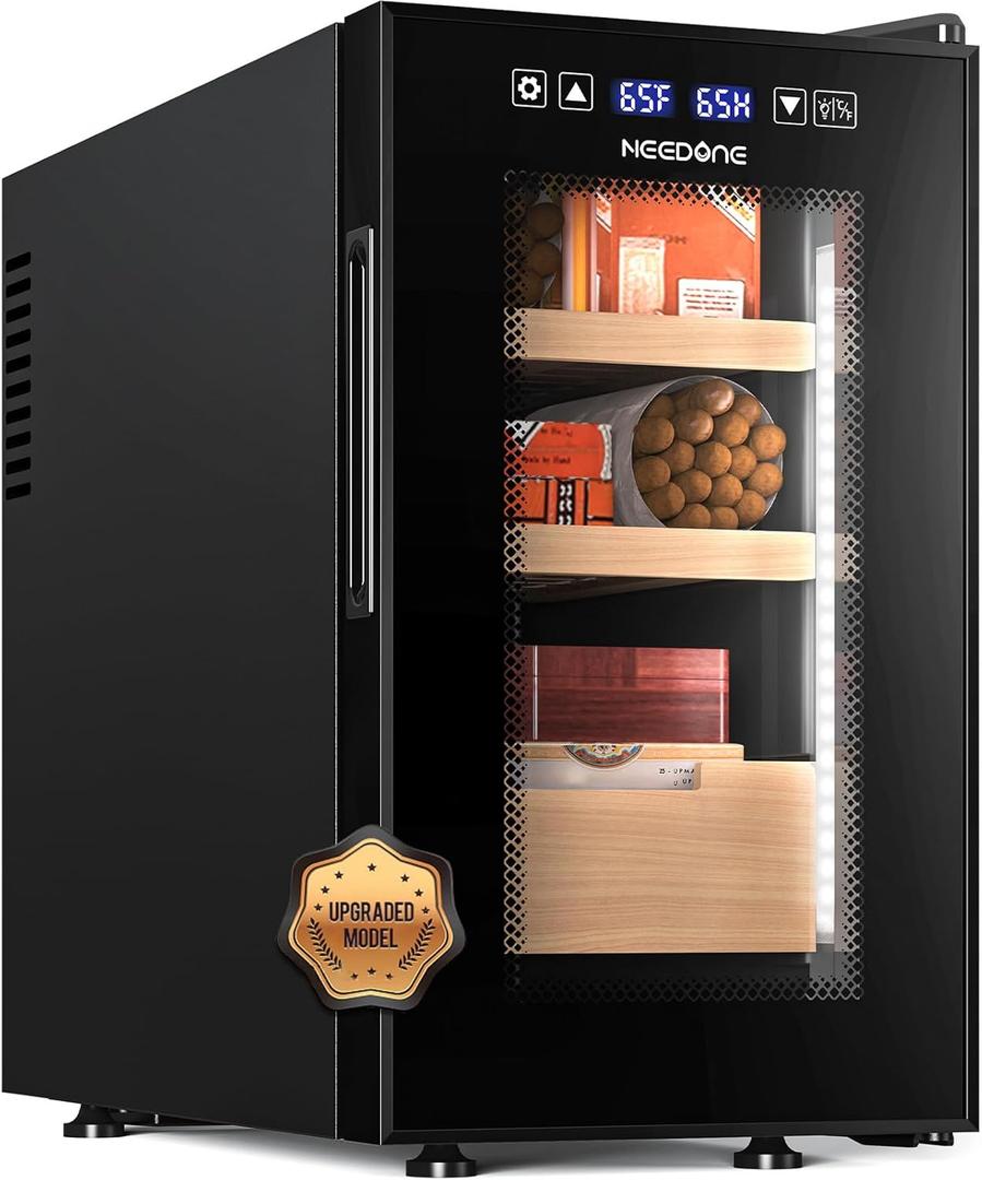 NEEDONE Cigar Humidor 23L Pro 1S, Smart Humidity & Temp Quiet Control System 2.0, Thermostatic Electric Cabinet for 150 Counts with Digital Hygrometer, Spanish Cedar Wood, Gifts for Men