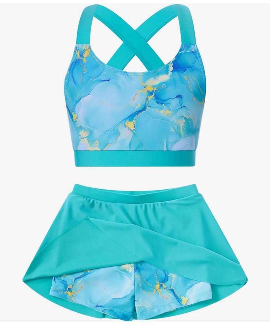 Cutemile Little Girls Two Piece Tankini Swimsuit Summer Boyshort Bathing Suit Beach Rash Guard Swimwear 13T Years Blue Marble