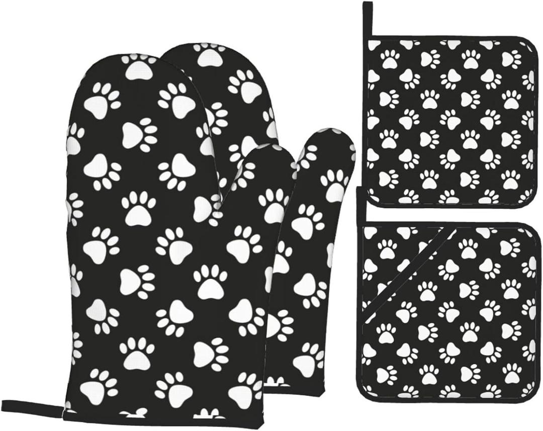Perinsto Cute Dog Animal Paws Oven Mitts & Pot Holders 4 Pcs Set, Decorative Heat Resistant Cooking Gloves Microwave Oven Gloves for Kitchen Baking Grilling BBQ