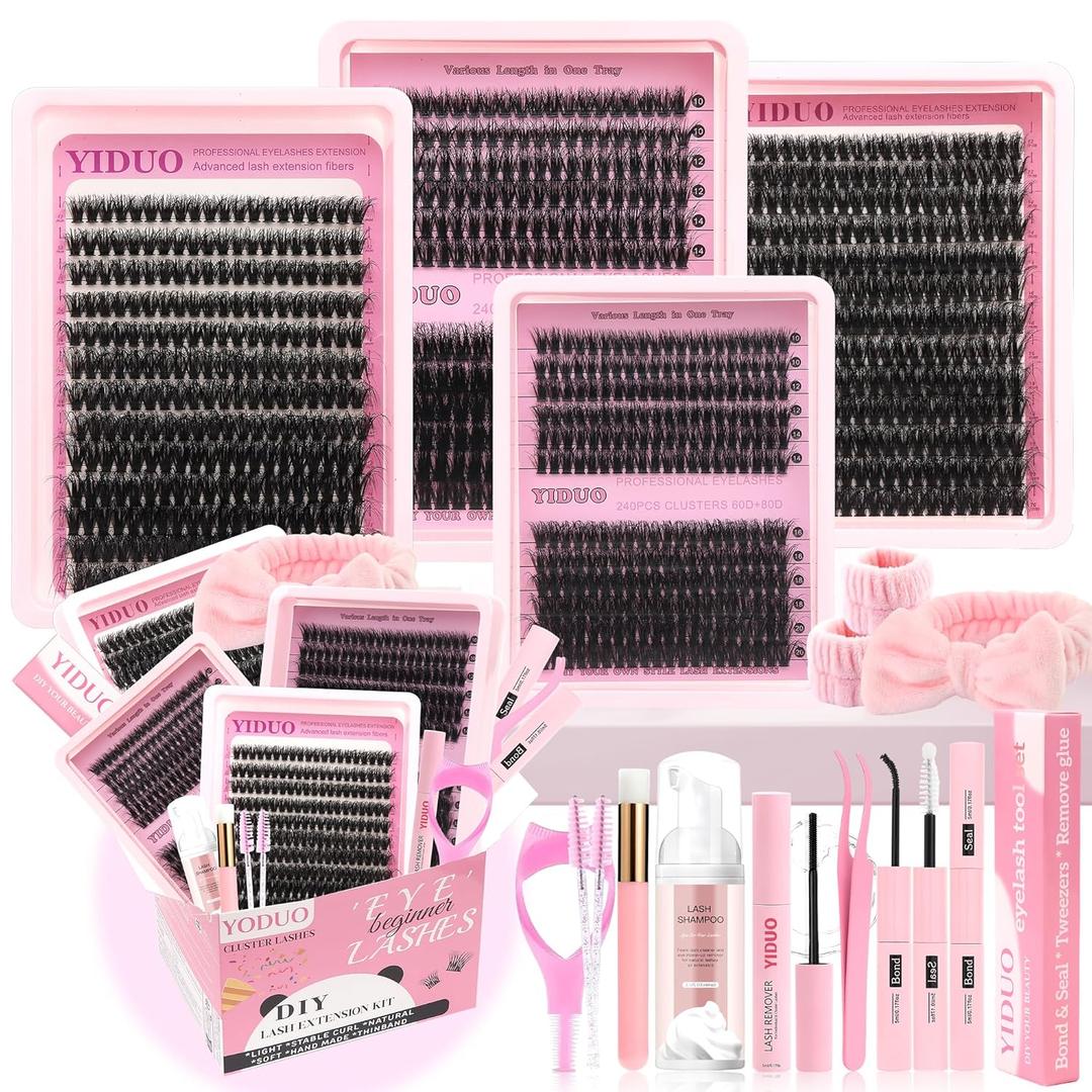 YIDUO 60D/80D/100D Volume Lash Clusters Kit Gift Packs 994Pcs Mix Style 3D Clusters Lashes Extensions Kit 10-20mm D Curvature Wispy DIY Individual Fake Eyelashes Kit for Beginners Bulk Pack