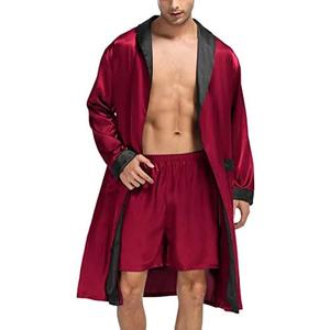SWOMOG Men's Satin Robe with Shorts Set Silky Kimono Bathrobe Lightweight Soft Sleepwear Size L