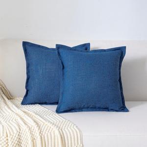 20"X20" Pack of 2, Decorative Linen Soild Throw Pillow Covers with Stylish Flange Edge Cozy Farmhouse Neutral Pillowcase for Couch Sofa Bedroom Living Room Home Dcor Navy Blue