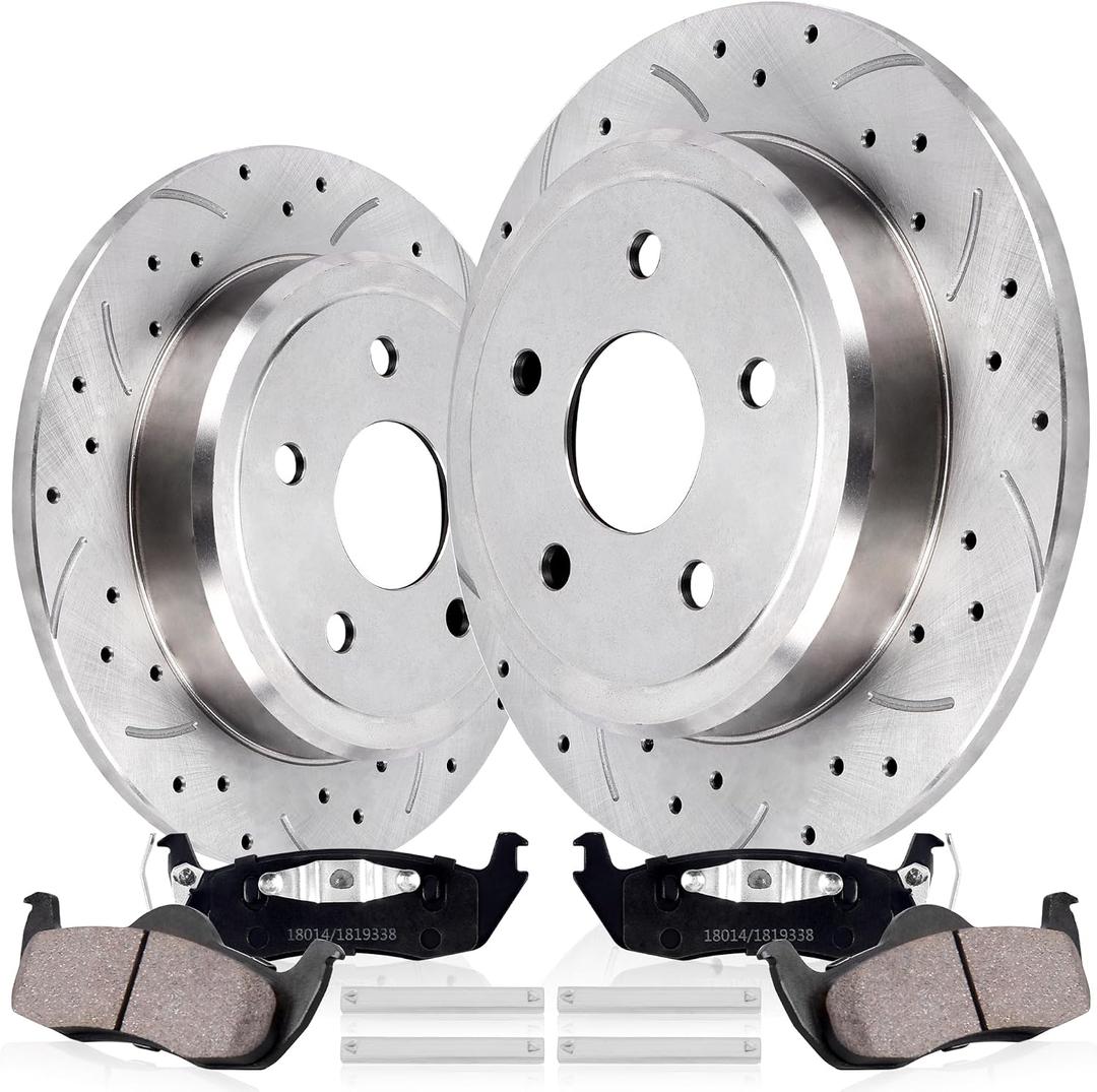 Rear Drilled and Slotted Brake Pads and Rotors Kit Ceramic Automotive Replacement Brake Kits 12.60 Inch Compatible for Jeep Commander Grand Cherokee 2005-2010 (10 Pcs)