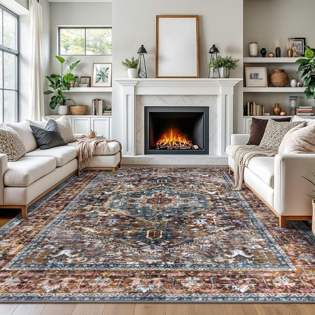 KOZYFLY Boho Area Rug 9x12 Ft Thin Rugs for Living Room Washable Bedroom Rug Non Slip Rugs Printed Faux Wool Vintage Bedroom Rug Floor Carpet for Dining Room Living Room, Brick Red/Orange/Green